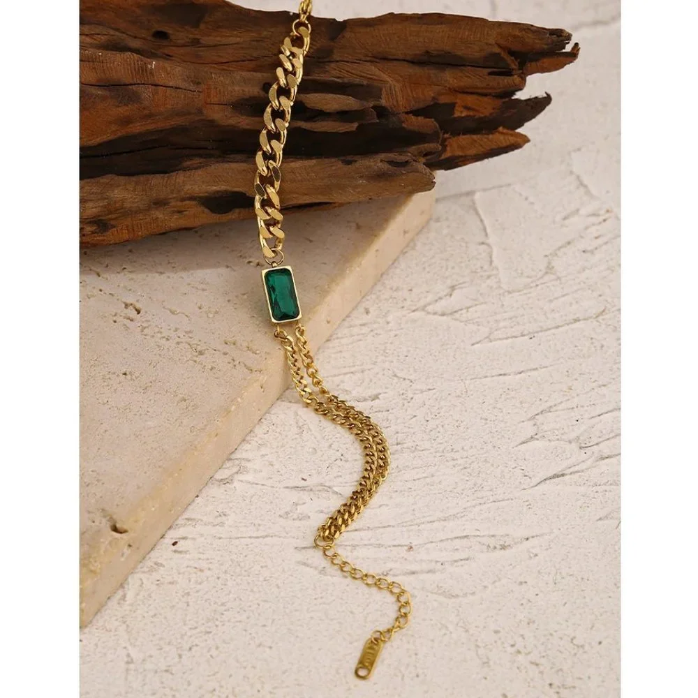 New 18K Gold Plated Link Chain Green Gemstone Necklace